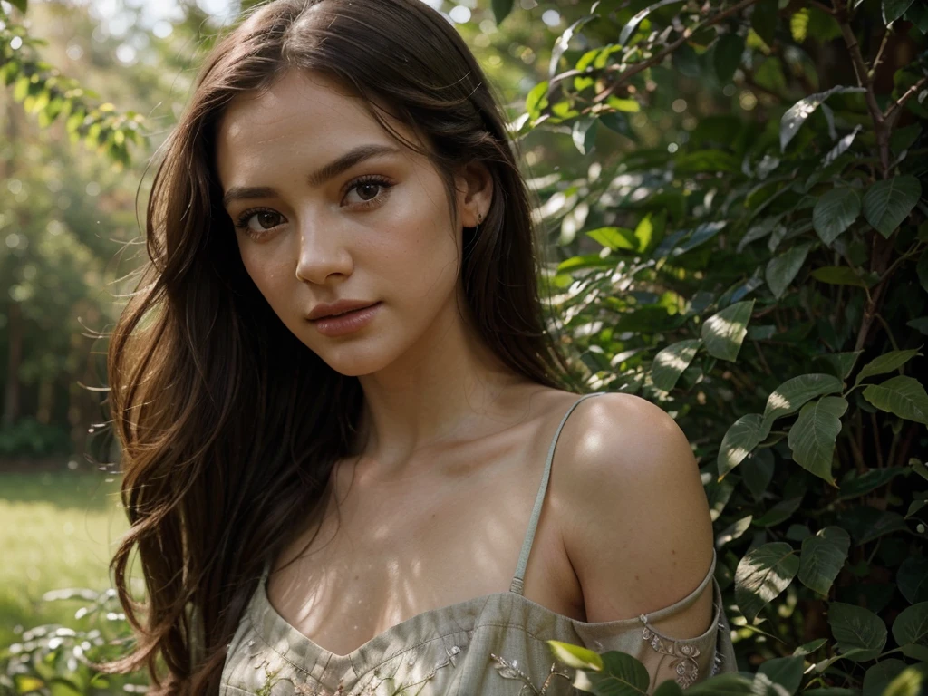 A beautiful girl in a long dress, posing gracefully in a natural setting, high quality detailed portrait, intricate details, photorealistic, 8k, hyperrealistic, detailed eyes, detailed lips, delicate skin, long eyelashes, elegant, serene expression, sunlight streaming through trees, lush foliage, detailed background, warm color tones, cinematic lighting