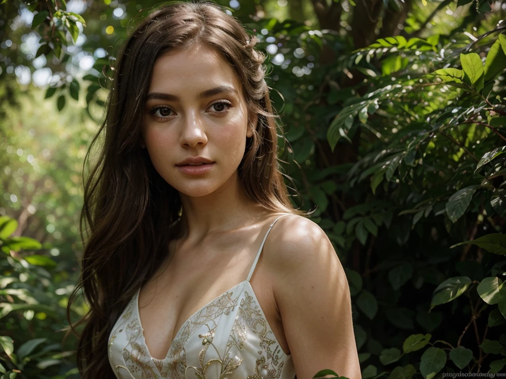 A beautiful girl in a long dress, posing gracefully in a natural setting, high quality detailed portrait, intricate details, photorealistic, 8k, hyperrealistic, detailed eyes, detailed lips, delicate skin, long eyelashes, elegant, serene expression, sunlight streaming through trees, lush foliage, detailed background, warm color tones, cinematic lighting
