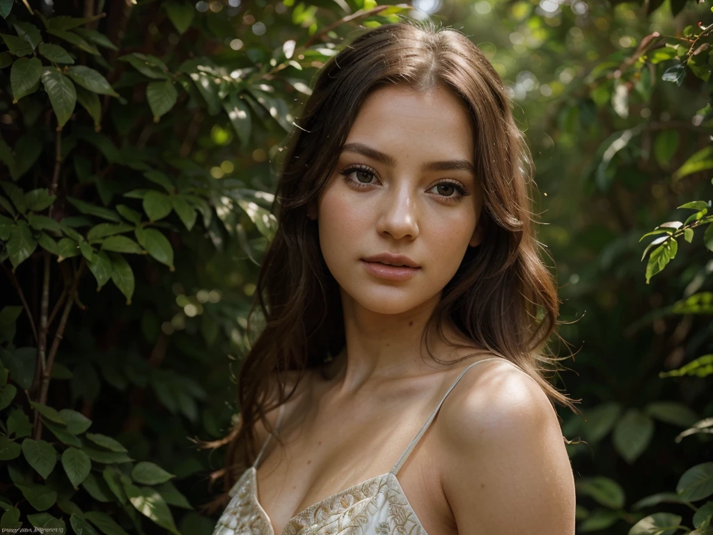 A beautiful girl in a long dress, posing gracefully in a natural setting, high quality detailed portrait, intricate details, photorealistic, 8k, hyperrealistic, detailed eyes, detailed lips, delicate skin, long eyelashes, elegant, serene expression, sunlight streaming through trees, lush foliage, detailed background, warm color tones, cinematic lighting