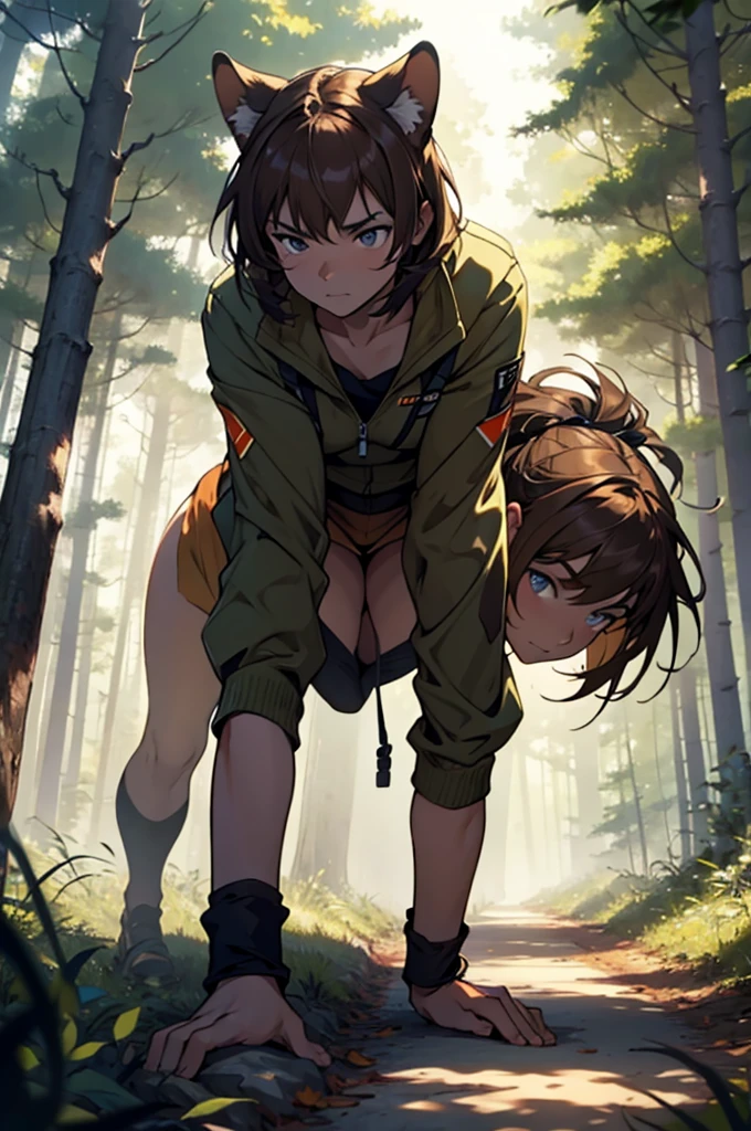 a wild feral light brown haired women on all fours in the forest staring