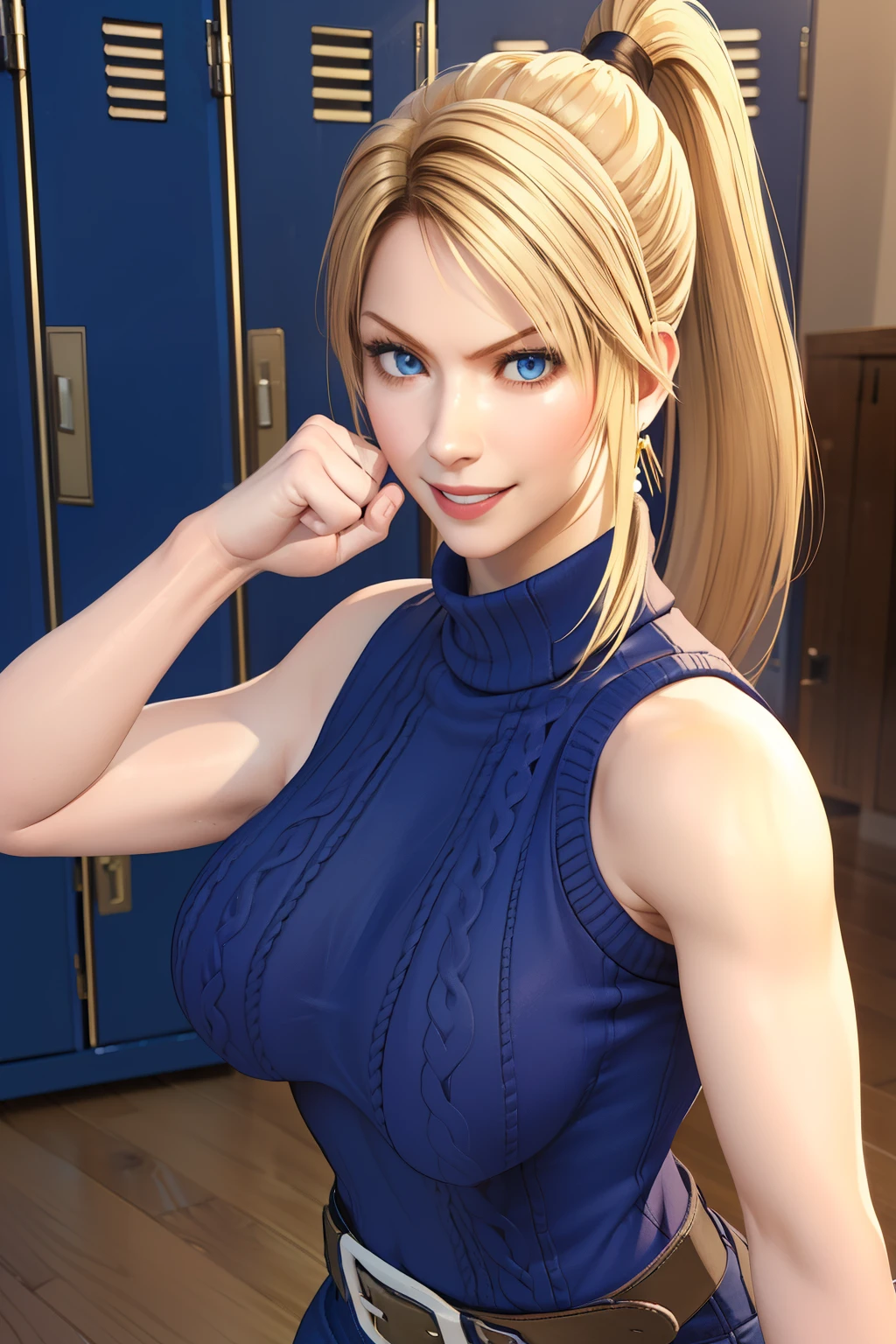 Sarah, blue eyes, very long hair, leaning on bench, (fighting stance:1.5), (gentle smile:1.4), (skinny girl:1.5), blonde hair, (high ponytail:1.4), floating hair, (wool sweater:1.4), Shoulders exposed, (arms exposed:1.3), (medium breasts:1.3), (pushed up breasts:0.4), (curvy figure:0.7), (locker room), belt ,(sleeveless:1.6), boots, high heels, earrings, BREAK masterpiece, 1 girl, RAW photo, (best quality:1.2), extremely delicate beautiful, very detailed, 2k wallpaper, amazing, fine details, extremely detailed CG Unity 8k wallpaper, super detailed, high resolution, (beautiful detailed girl:1.2), perfect anatomy, (big smile expression:1.2), (upper body:1.4), (Realistic, Photorealistic:1.0), (thin nose:1.2), (breast focus:1.3), high nose bridge, (blue clothes:1.2)
