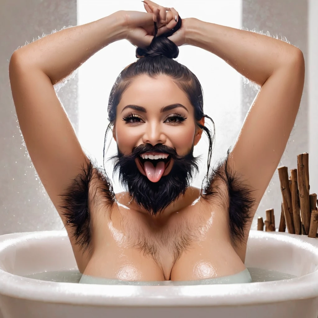bearded woman, armpit hair, hirsute body, sticks out tongue in bathtub