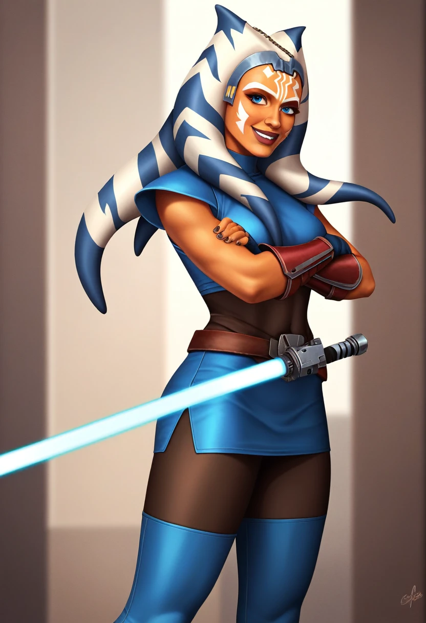 (masterpiece, best quality:1.2), solo, 1girl, AhsokaS7, colored skin, smile, looking at viewer, crossed arms, blue eyes, AhsokaS7Outfit, blue shirt, vambraces, fingerless gloves, hip armor, blue skirt, blue leggings, dual light saber