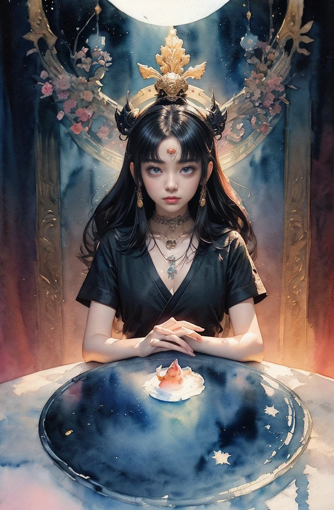 (table top, highest qualityの, highest quality, official art, (beautiful and aesthetic:1.4), (watercolor painting:1.4) ),  (Tsukuyomi:1.5), God of Japanese God Stories々々, fleeting beauty, A mysterious god illuminated by the starry sky, god&#39;grace, Calm and meditative look, flowing heavenly clothes, A dazzling silver glow illuminates the night view, Dance of shadows and lights, whispers of ancient legends