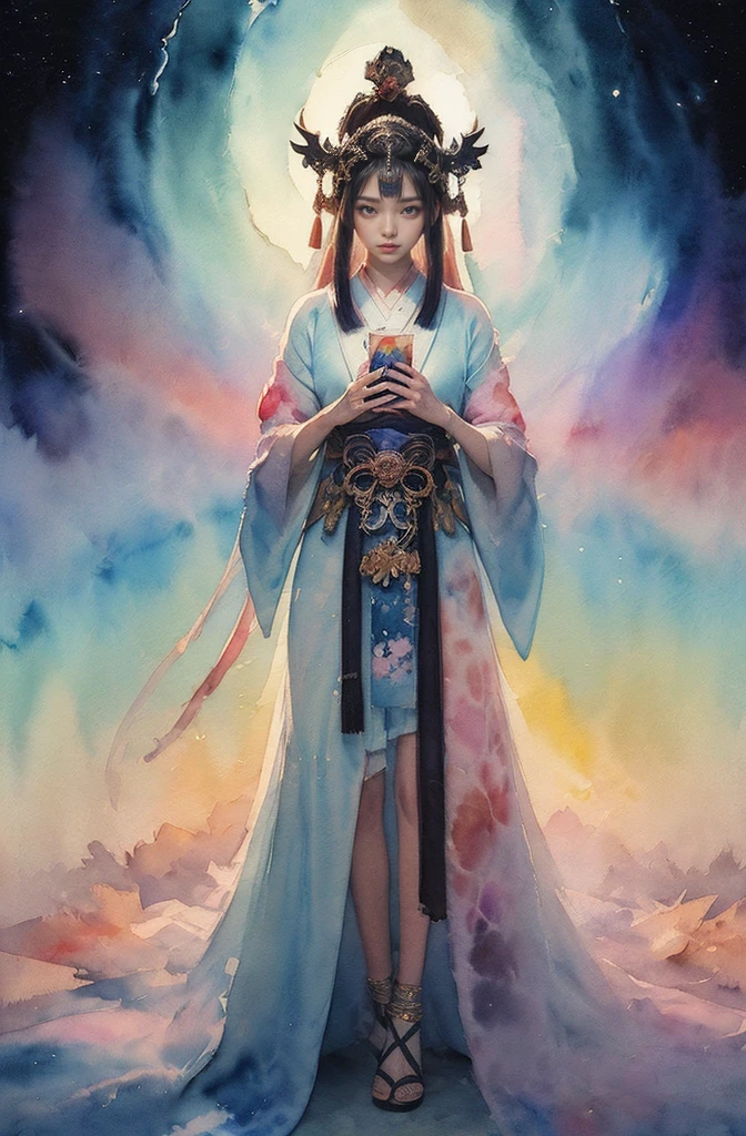 (table top, highest qualityの, highest quality, official art, (beautiful and aesthetic:1.4), (watercolor painting:1.4) ),  (Tsukuyomi:1.5), God of Japanese God Stories々々, fleeting beauty, A mysterious god illuminated by the starry sky, god&#39;grace, Calm and meditative look, flowing heavenly clothes, A dazzling silver glow illuminates the night view, Dance of shadows and lights, whispers of ancient legends