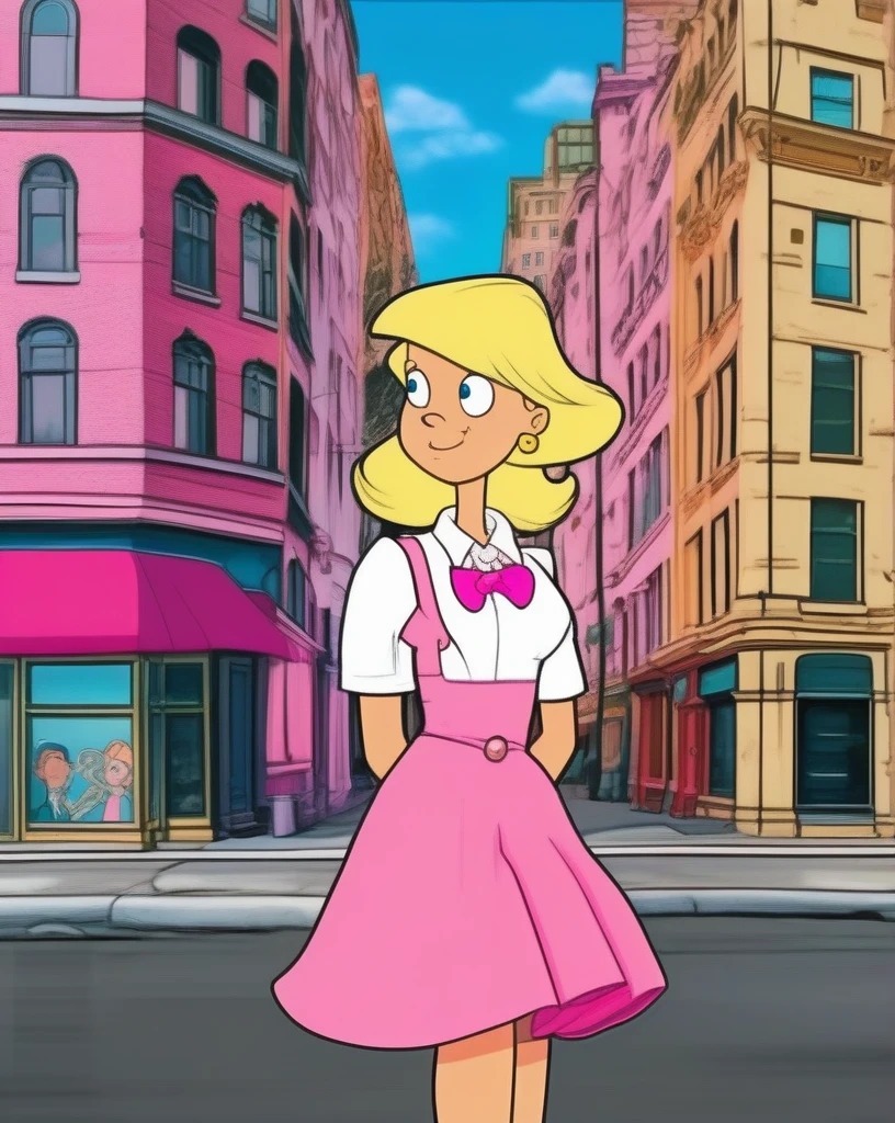 architectural photography, (ah, Woman:1.0),Como Helga Pataki de Hey Arnold!, wearing your pink dress, white shirt, and pink bow, secretly watching Arnold from afar with his locket, capturing your unrequited love, city street background, swirly vibrant colors, detailed ambient, faithful to the show's distinctive art style, high resolution, Nostalgic dinner.,