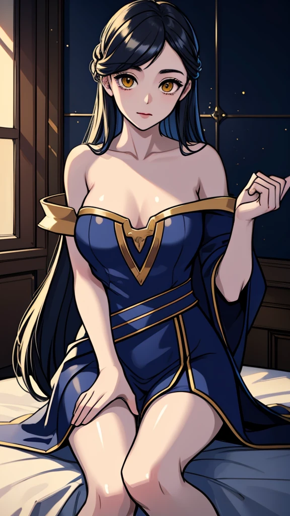 an alone mature girl with long blue and yellow eyes sitting on the bed and spread leg , night, High detail mature face, tie hair on the left side, golden eyes, bare leg, bare shoulder, white noble priest dress, high res, ultra sharp, 8k, masterpiece, smiling, fantasy world, magical radiance background ((Best quality)), ((masterpiece)), 3D, HDR (High Dynamic Range),Ray Tracing, NVIDIA RTX, Super-Resolution, Unreal 5,Subsurface scattering, PBR Texturing, Post-processing, Anisotropic Filtering, Depth-of-field, Maximum clarity and sharpness, Multi-layered textures, Albedo and Specular maps, Surface shading, Accurate simulation of light-material interaction, Perfect proportions, Octane Render, Two-tone lighting, Wide aperture, Low ISO, White balance, Rule of thirds,8K RAW, Aura, masterpiece, best quality, Mysterious expression, magical effects like sparkles or energy, flowing robes or enchanting attire, mechanic creatures or mystical background, rim lighting, side lighting, cinematic light, ultra high res, 8k uhd, film grain, best shadow, delicate, RAW, light particles, detailed skin texture, detailed cloth texture, beautiful face, 
(masterpiece), best quality, expressive eyes, perfect face,