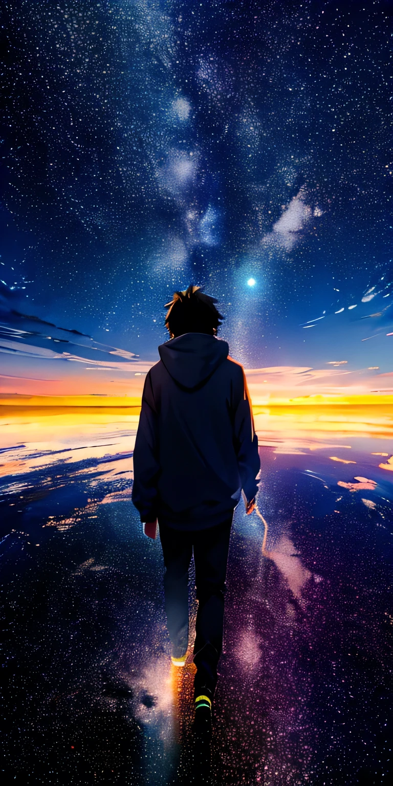Anime Wallpaper with sky and starry sky views, One boy、Wearing an oversized white hoodie,Space Sky. by Makoto Shinkai, anime art wallpaper 4k, anime art wallpaper 4k, Anime Art Wallpapers 8K, Anime Sky, Awesome Wallpapers, anime wallpaper 4k, anime wallpaper 4k, 4k anime wallpaper, Makoto Shinkai Cyril Rolland, Anime Background Art