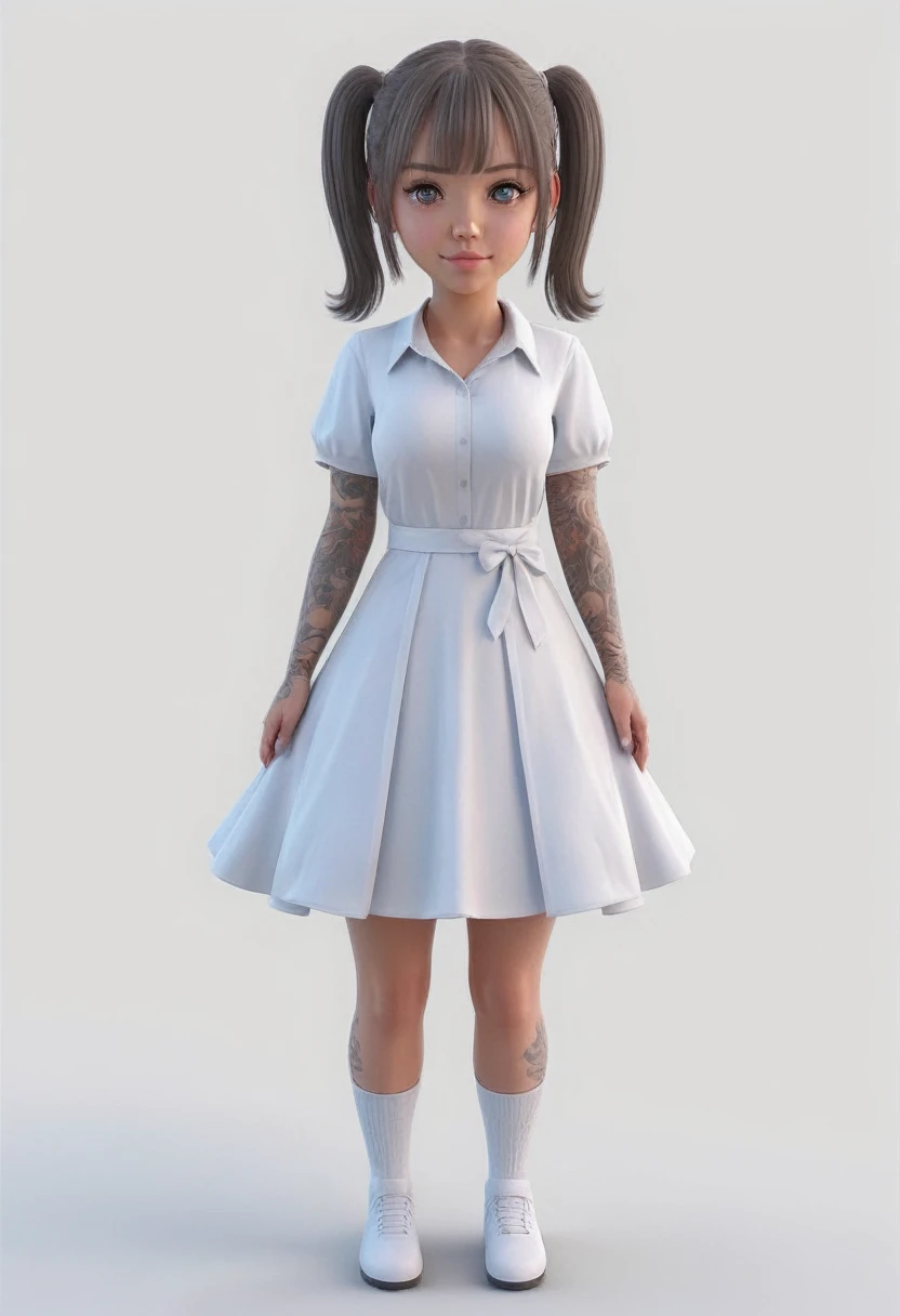 Drawing of a girl with ponytail and dress, cute 3d rendering, cute detailed digital art, mini cute girl, cute digital painting, 3d rendering stylized, cute digital art, cute rendering 3d anime girl, little curve ****, cute! C4D, a single character full body, standing on a white base