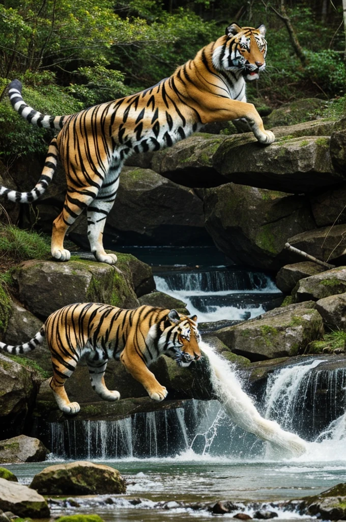 A tiger fighting a wolf in the mountains with beautiful flora where the tiger represents Yin and the wolf represents Yan
