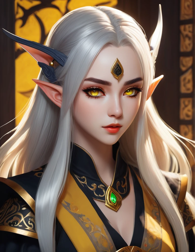quality(8k wallpaper of extremely detailed CG unit, ​masterpiece, hight resolution, top-quality, top-quality real texture skin,hyper realisitic, digitial painting,increase the resolution,RAW photos，best qualtiy,highly detailed,the wallpaper),BREAK,8K, onmyoji-style art, elf Girl,  Robber's clothes, Sorcerer Archaeus, Yellow eyes, black make-up, Portrait in DND style
 