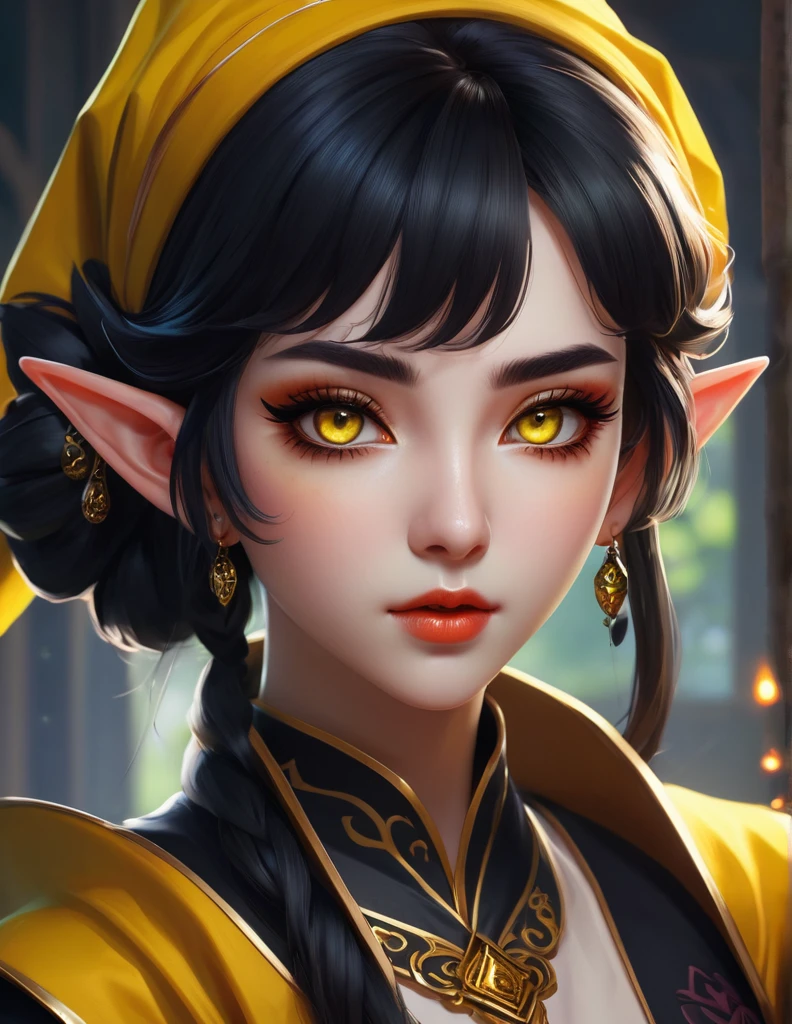 quality(8k wallpaper of extremely detailed CG unit, masterpiece, hight resolution, top-quality, top-quality real texture skin,hyper realisitic, digitial painting,increase the resolution,RAW photos,best qualtiy,highly detailed,the wallpaper),BREAK,8K, onmyoji-style art, elf Girl, Robber's clothes, Sorcerer Archaeus, Yellow eyes, black make-up, Portrait in DND style