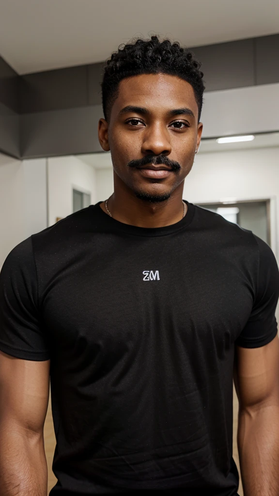 Attractive Black man, late 20’s, grey eyes, short hair, mustache, wearing black t-shirt.