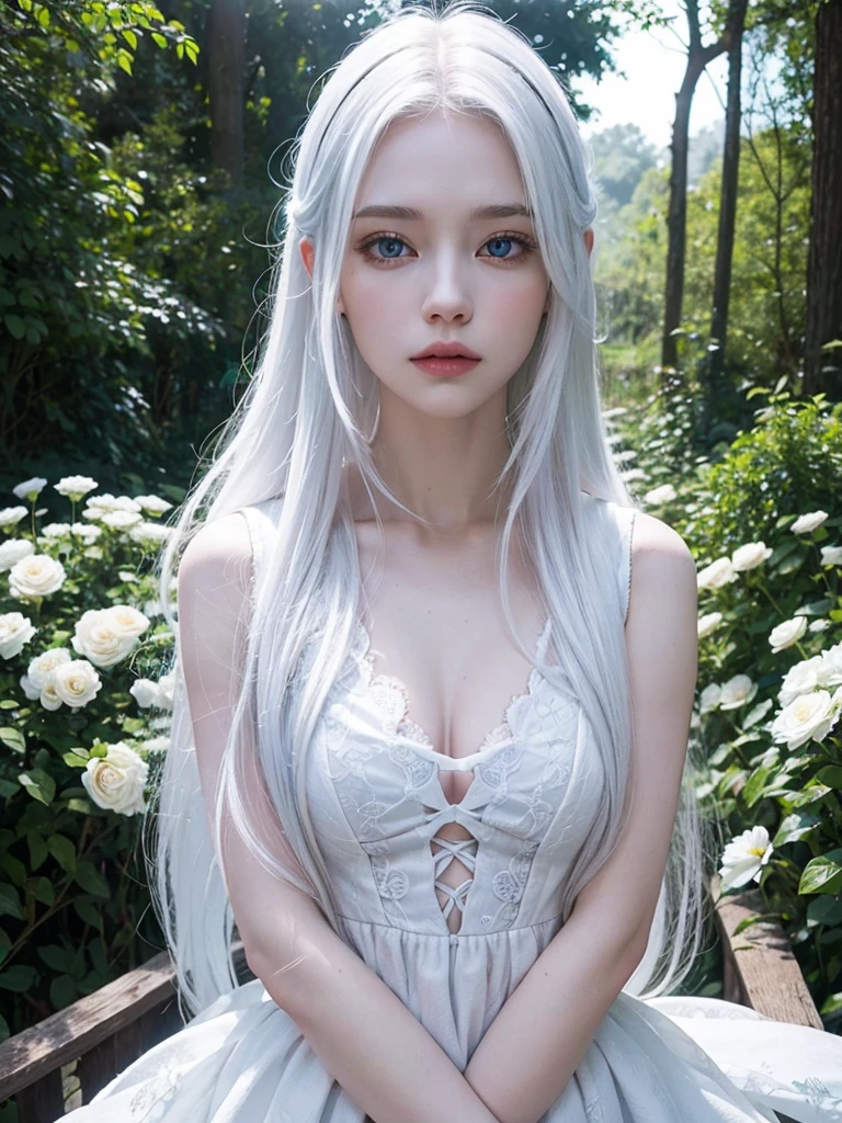 Long white hair, blue eyes, serious features, white skin, loose style, in a garden, with flowers , in the forest , killer frost the flash 