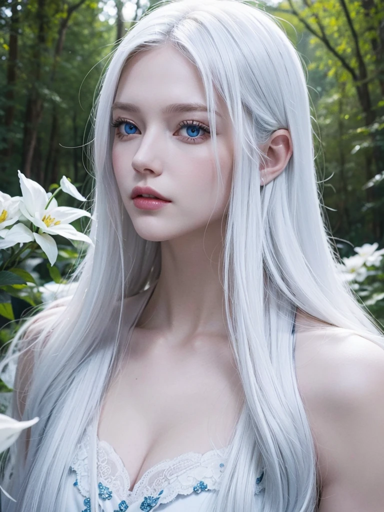 Long white hair, blue eyes, serious features, white skin, loose style, in a garden, with flowers , in the forest , killer frost the flash 