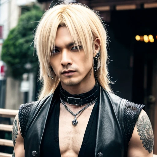 1 japanese male rocker, asien eyes, Visual Kai hairstyle, ultra detailed face and body, hyperrealistic, realistic representation, muscular, broad shoulders, tattoos gothic style, piercings, Visual Kei style, hairstyle Visual Kei, blond, 40 years old, age 40 outfit gothic streampunk, men's shirt and black pants, Asian eyes, eyes Asian, long hair, long hair