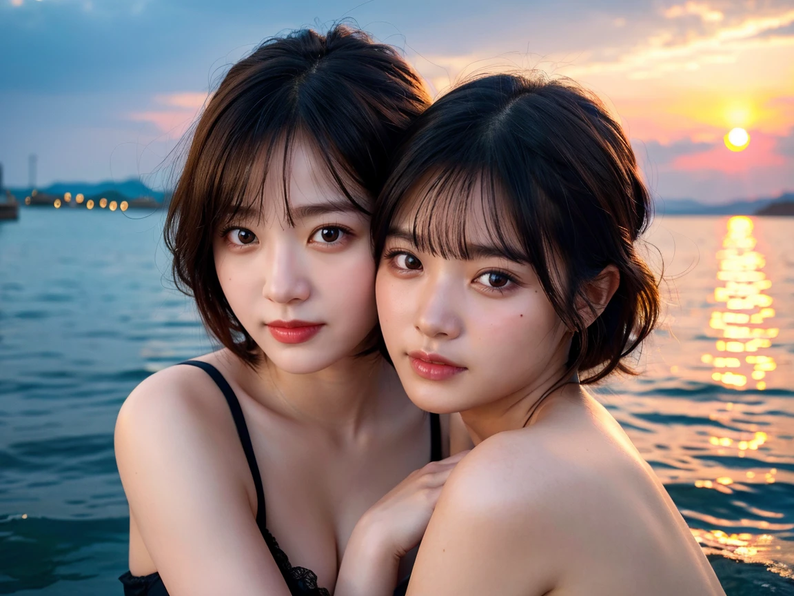 8K、Two beautiful girls, 15 and 18 years old,Rembrandt Lighting,(Photorealistic:1.2), (Highest quality), (Detailed skin:1.3), (Intricate details), Ray Tracing,Two Girls, In detail,real,RAW Photos & Realistic atmosphere,、,Detailed lips、Beautiful, shining lips, Detailed face、Cheek to cheek, in the sea、Strong winds (Highest quality,masterpiece:1.3,Ultra-high resolution),(Very detailed,Caustics,8K),(Realistic:1.4,RAW shooting), In detail,real,Scattered beneath the surface,(blush:0.5), Detailed skin texture,Japanese,cute,Black long and short hair,Looking at the camera,Collarbone Bare Skin,Shoulder Bare Skin,(Face Focus:1.1),(Face close-up:1.1),Sunset,Natural light