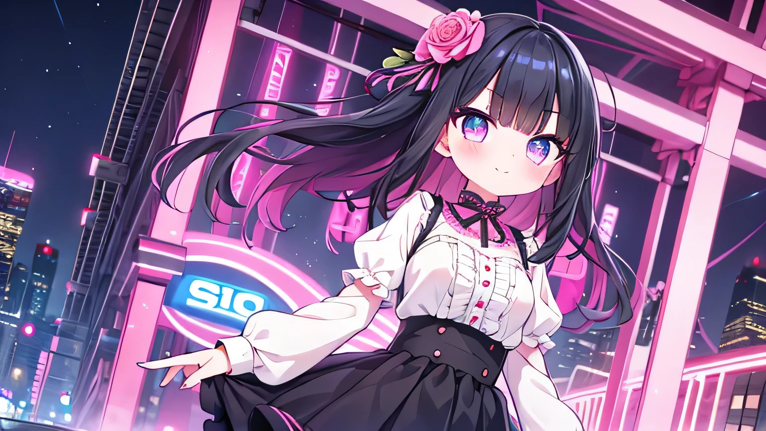 1girl, night time, neon city, pink eyes, blue eyes, black hair, medium hair, blunt bangs hair, medium hair, pink nails, long pink lace ruffle shirt pink, black skirt, eyebrows, super happy, upper body, hair flower ornaments