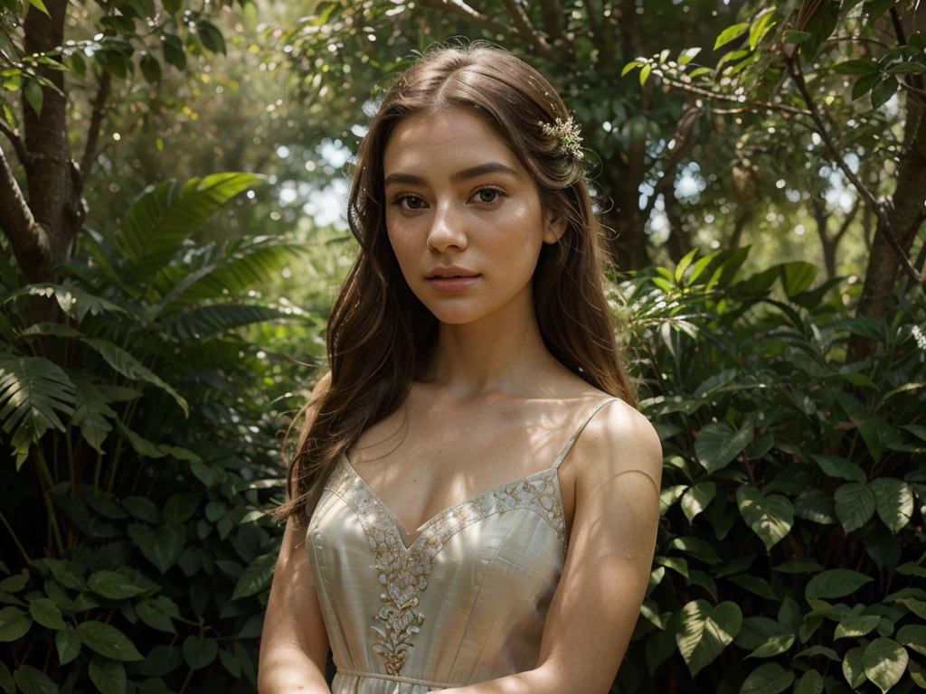 A beautiful girl in a long dress, posing gracefully in a natural setting, looking at the camera, high quality detailed portrait, intricate details, photorealistic, 8k, hyperrealistic, detailed eyes, detailed lips, delicate skin, long eyelashes, elegant, serene expression, sunlight streaming through trees, lush foliage, detailed background, warm color tones, cinematic lighting