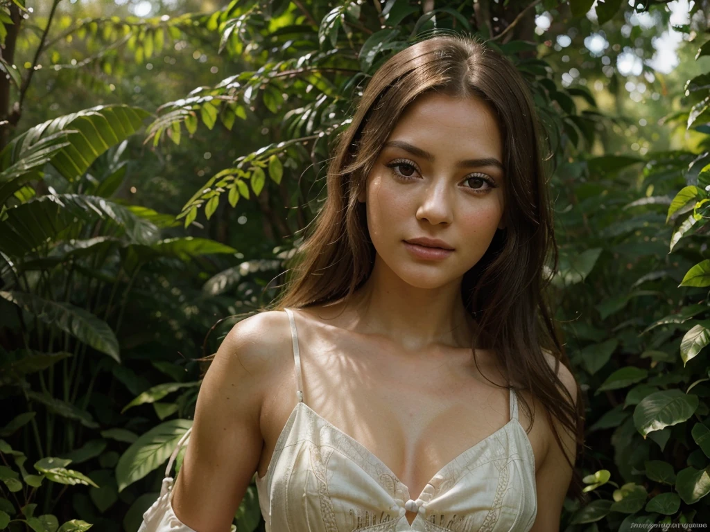 A beautiful girl in a long dress, posing gracefully in a natural setting, looking at the camera, high quality detailed portrait, intricate details, photorealistic, 8k, hyperrealistic, detailed eyes, detailed lips, delicate skin, long eyelashes, elegant, serene expression, sunlight streaming through trees, lush foliage, detailed background, warm color tones, cinematic lighting
