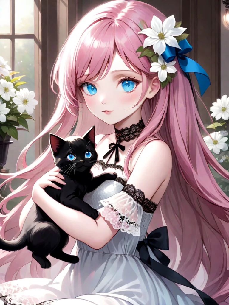 ((Best quality)), ((masterpiece)), (detailed), ((perfect face)), One Girl、Pink long hair、White flowers in her hair、blue eyes、A white dress with black lace、large pink ribbon on the chest、Playing with a black kitten