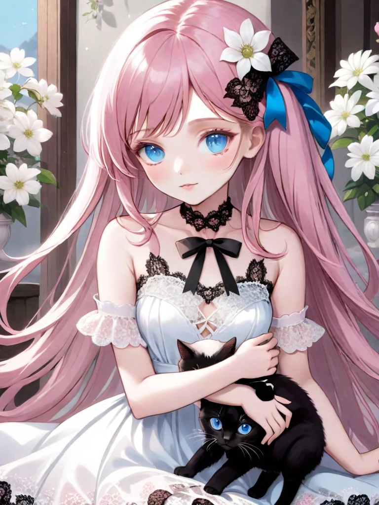 ((Best quality)), ((masterpiece)), (detailed), ((perfect face)), One Girl、Pink long hair、White flowers in her hair、blue eyes、A white dress with black lace、large pink ribbon on the chest、Playing with a black kitten