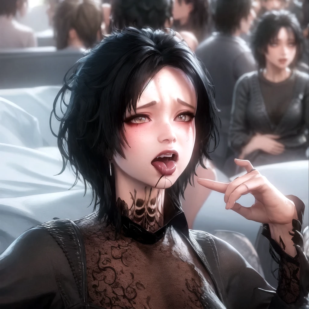 Evelyn, black hair, dirty hair, short hair, blurred, Cutout, Blurred background, portrait, solo, Evelyn, black hair, dirty hair, short hair, blurred, Cutout, Blurred background, upper body, solo, open mouth, tongue, teeth, tongue, first person, looks at the viewer, hands at face level, shows 2 fingers index and middle