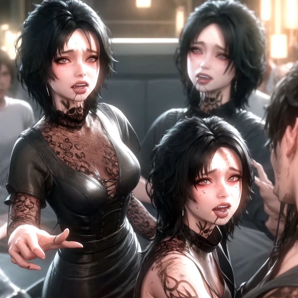 Evelyn, black hair, dirty hair, short hair, blurred, Cutout, Blurred background, portrait, solo, Evelyn, black hair, dirty hair, short hair, blurred, Cutout, Blurred background, upper body, solo, open mouth, tongue, teeth, tongue, first person, looks at the viewer, hands at face level, shows 2 fingers index and middle