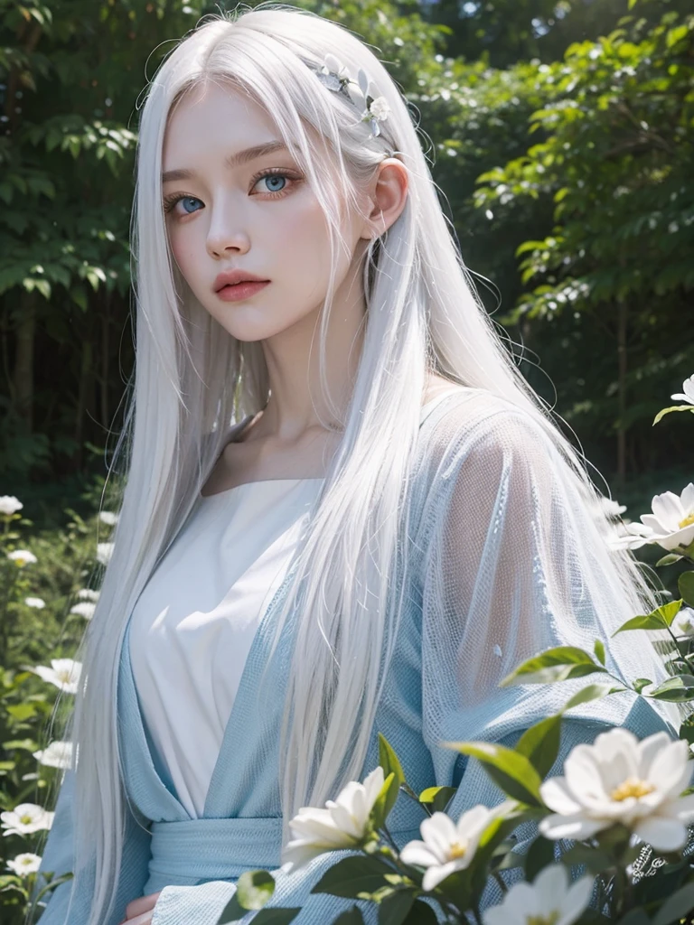 Long white hair, blue eyes, serious features, white skin, loose style, in a garden, with flowers , in the forest ,jeju Korea
