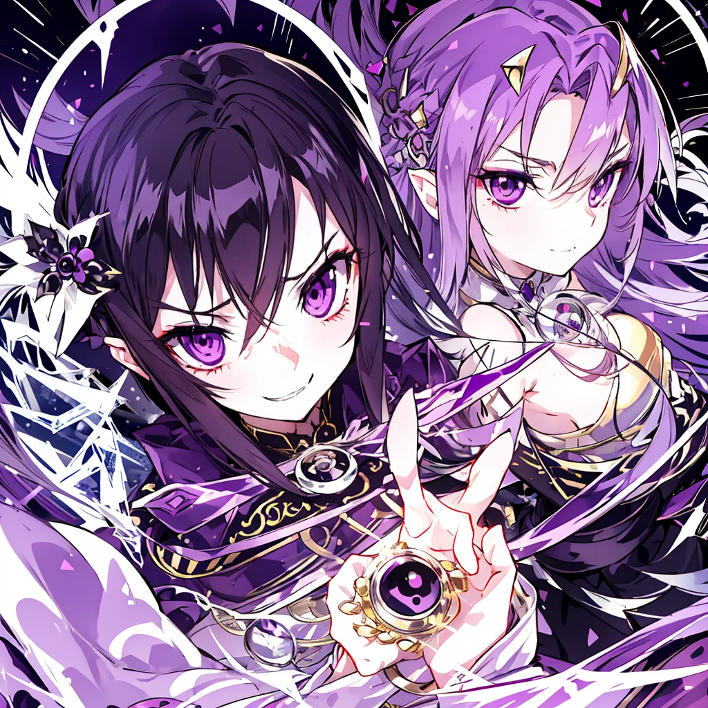 dark persona, ecstasy, looking at viewer, armor, both hands on own face, happy, blush, evil grin, white leg armor, knight, wavy hair, medium hair, octagonal yin yang mirror, purple eyes, audience, forehead jewel, pillars of purple fire, 1 woman, white cape, runes, white dress, white wing headdress, Ruined city, gold decoration, black hair, long cheongsam, earring, chains, yin yang, long skirt, beautiful art, depth of field, high res, perfect face, detailed outfit