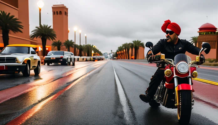 Morocco Mole, Red turban hat, Gold Sunglass, Angry and Rage, holding Uzi Gun, riding Motorcycle, rainy is blood, Las Vegas, multimedia illuminate
