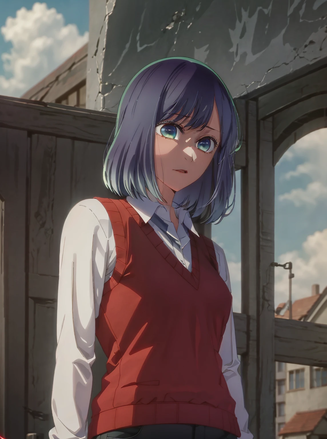 masterpiece, best quality, 1 girl, alone, red vest, white shirt, black pants, in England, good body, detailed eyes, beautiful face, beautiful, sexy,