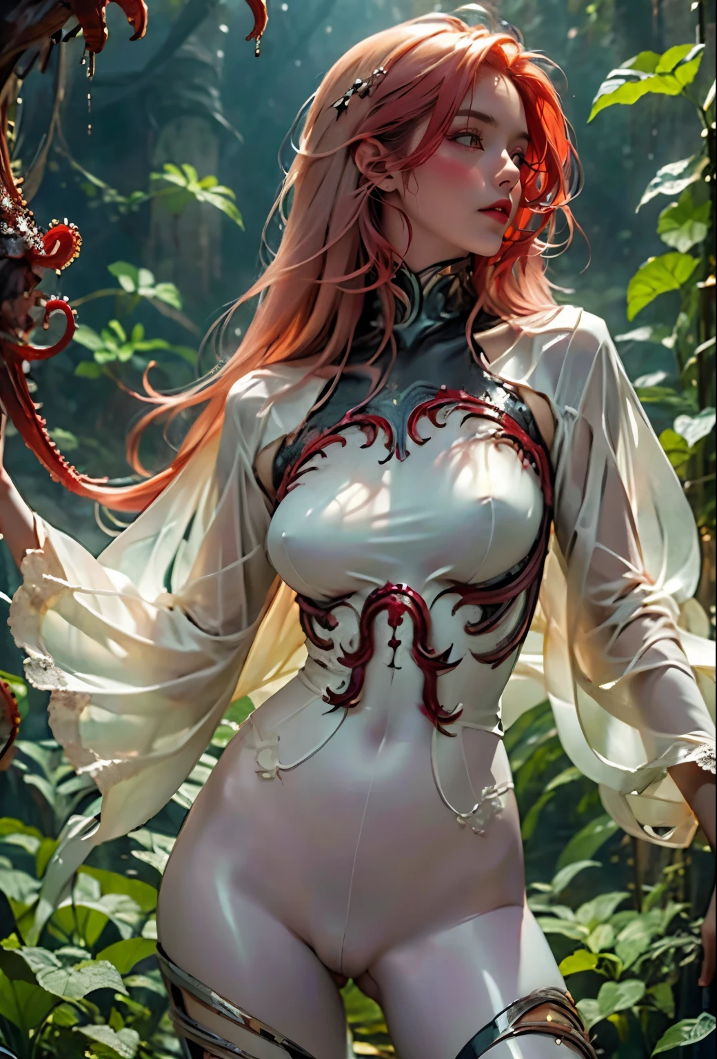 1 girl,have,White tights,Facial Tagging,solitary,Pink Hair,Long hair,very Long hair,permanent,Front view,Axisymmetric composition,Pearl pliers,beautiful ,Model Diagram,Slim,Mature,Camel toe,, Lace cropped top,(Long hair:1),Red lips,Pantyhose, ,8K,(masterpiece), best quality, masterpiece, high resolution, Original, Very detailed wallpaper,{best quality}, {{masterpiece}}, {high resolution}, {extremely delicate and beautiful}, Original, Very detailed wallpaper, panoramic, ,Anatomically correct, The art of HR Giger and Beksinski merges in this detail,Psychedelic Background,Dark horror scene. Clear images, Use edge lights to render at 8K resolution, It features a spooky environment filled with Lovecraftian tentacles,They spin and dance under the neon lights. HDR lighting creates complex and detailed shadows on distorted backgrounds, Mutated humanoid,Eze