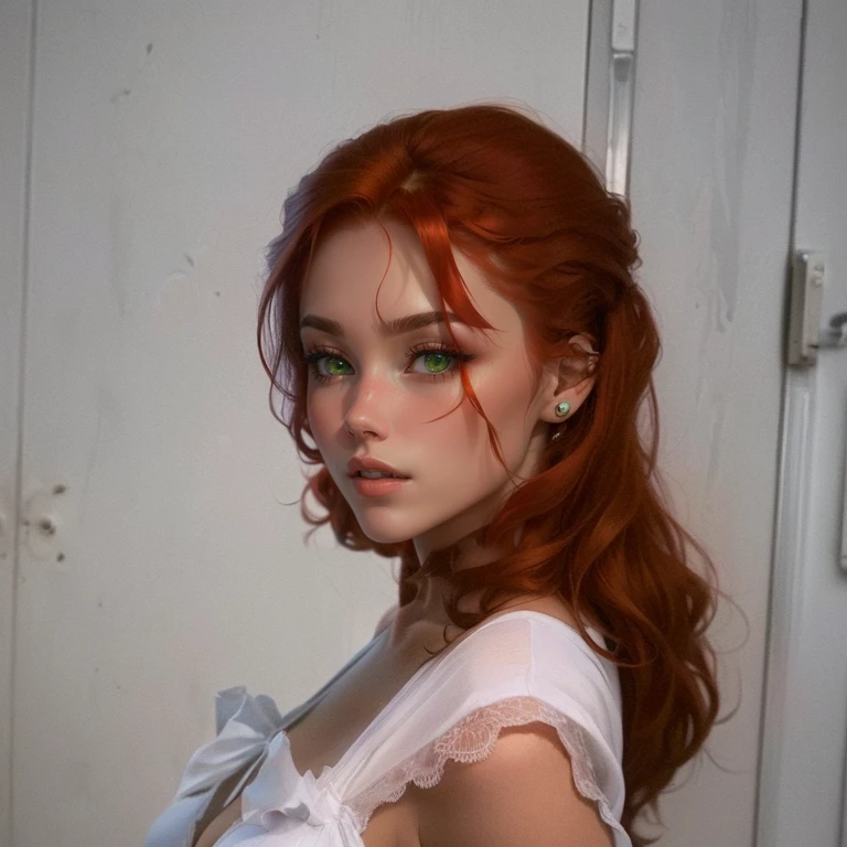 there is a woman With red hair posing for a picture, madison beer as leeloo, redhead girl, she has red hair, Red head, she is redhead, she has long orange hair, With red hair and green eyes, redhead goddess, With red hair, with curly red hair, devil queen madison mild ale, She has long orange-brown hair., redhead