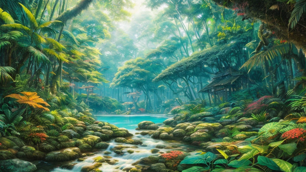 real style, beautiful, textural, ray tracing, absurd, official art, illustration, (((Artwork))),(((best quality))),((ultra-detailed)), Hayao Miyazaki Style, nature, jungle, scenery
