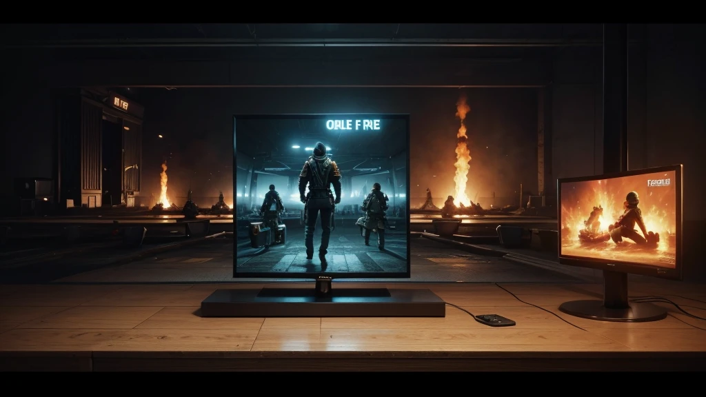 title at top "Free Fire" create me a banner for a game puts the title at the top and the character at the bottom, and a television in the middle. Screen height 10:80 px x 1920 px.