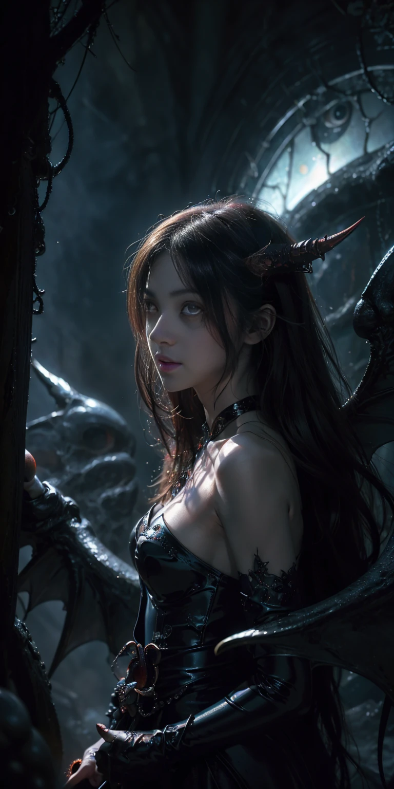 (best illustrations)、realistically、very detailed、best lighting、best shadow、Succubusที่มีเสน่ห์, pure beauty, set on clouds, (Fantasy Illustration:1.3), mesmerizing gaze, cute expression, delicate wings;, another world charm, Mysterious Sky, (Luis Royo:1.2), (Yoshitaka Amano:1.1), dungeon and Dragon、cave、dungeon、 Necromancer、nighttime、Dark style、Succubus、Devil&#39;s Daughter、Bat Wings，(((Round rimmed glasses with daemon horn lacquer.))))、(glowing red eyes:1.6)、beautiful face、Tyndall Effect、(Highly detailed skins:1.2) nonsense、twisted ponytail、decorations、beautiful expression、Tight waist、wide bottom、Tyndall Effectmasuter piece、Highest quality、highest standard、Highest picture quality、table top、complicated details、high resolution、Insight field、Soft, natural light、professional lighting、good smile、(Highly detailed skin: 1.2)、Realistic rendered anime girl、Strong highlights of the eyes、perfect anatomy、open crotch、shy、spread your legs、The panties are visible.、flip skirt、The body is shiny with oil rectile nipples.))、8k resolution、complicated clothes、complicated details, Sexy girl on white bed，charming eyes，heartwarming action，open legs，Transparent silk pajamas ，naked，Thick long hair，Highly detailed body，Highly detailed face,nude,show tits