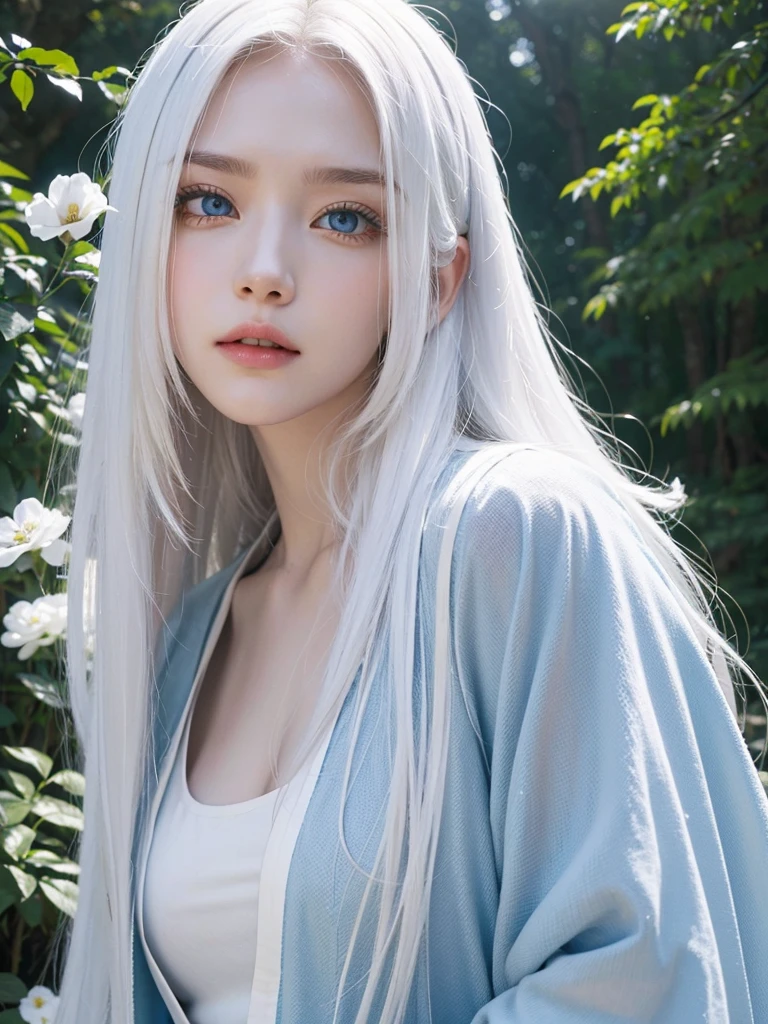 Long white hair, blue eyes, serious features, white skin, loose style, in a garden, with flowers , in the forest ,jeju Korea