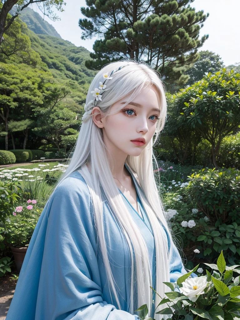 Long white hair, blue eyes, serious features, white skin, loose style, in a garden, with flowers , in the forest ,jeju Korea