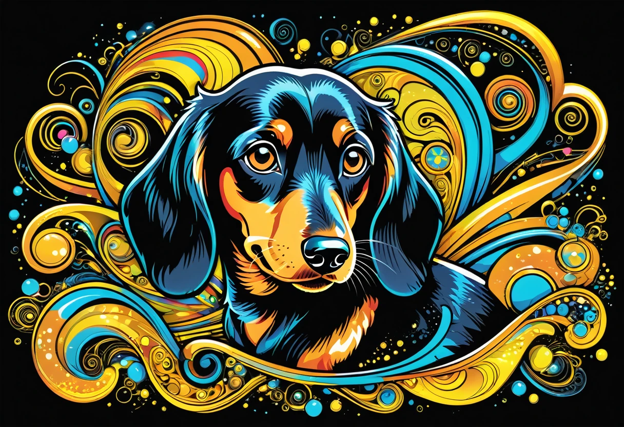 A vector design for a t-shirt, with a black background featuring elements of [[cyber-dachshund] in the style of hyper-detailed illustrations with a colorful, cartoonish style in high resolution using [black + gold] colors and hard edge lines, along with swirling details and high contrast