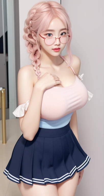 An Idol k-pop girl, (cute face:1), (lewd face:1), braid hair, intricate face details, detailed face, golden ratio face, ((huge breasts:1)), ((large breasts:1)), ((giant breasts:1)), ((big breasts:1)), ((slim waist:1)), ((big butt:1)), ((big hip:1)), ((big thighs:1)), ((thick thighs:1)), ((intricate hands:1)), ((detailled hands:1)), ((intricate feets:1)), ((detailled feets:1)), (polished skin:1,9), (sweaty:1,9), (thicc:1), (erotic:1), (perverted:1), (she is sexually aroused:1), (full body:1), (look at viewer:1), 64K, UHD, HDR, global illumination, (high quality, high detailed, hyper detailed, extremely detailed), photo realistic, ultra realistic, art photo, (clarify the details, detailed parts body), intricate artwork masterpiece, trending on artstation, massive mommy milkers, (horny face:1), (dark pink eyes:1,9), (light pink hair:1,9), standing, posing, lobby, door, light blue shirt, dark blue skirt, (glasses:1,9), right hand placed on chest