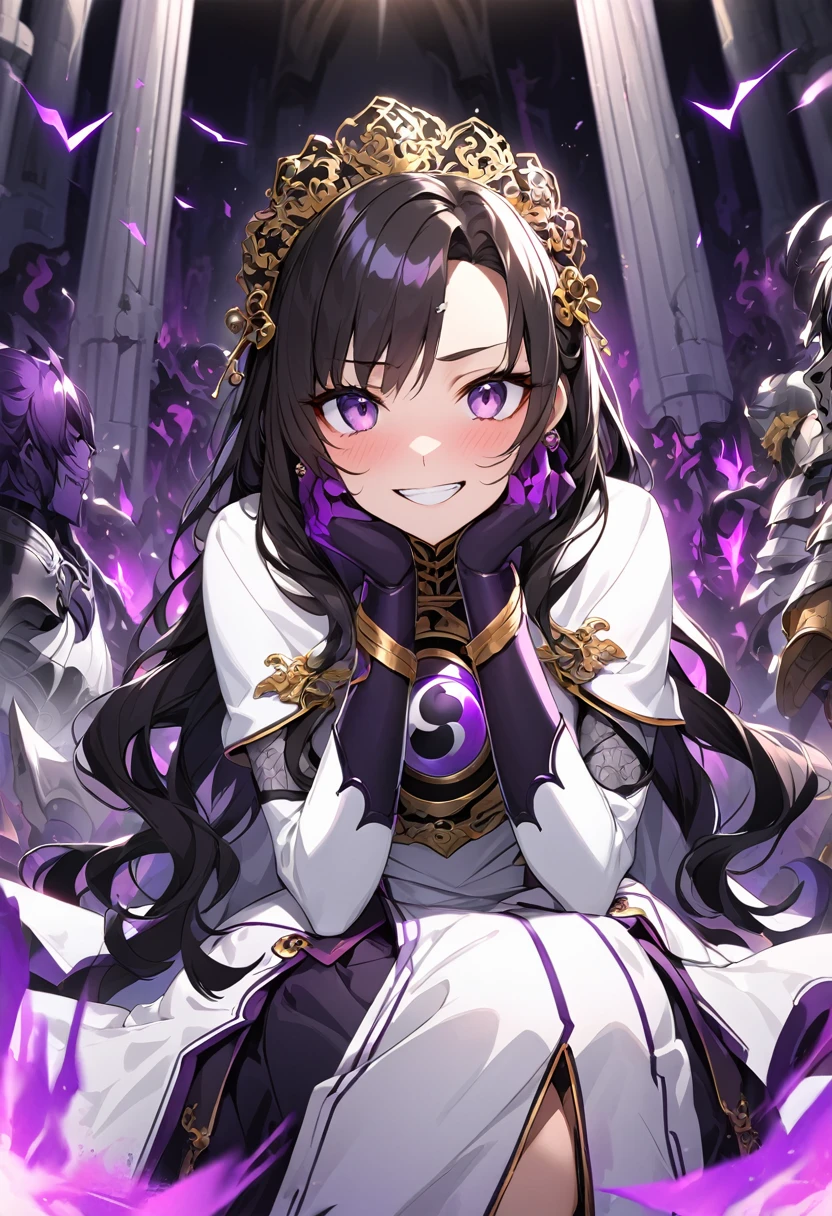 dark persona, ecstasy, looking at viewer, armor, both hands on own face, happy, blush, evil grin, white leg armor, knight, wavy hair, medium hair, octagonal yin yang mirror, purple eyes, audience, forehead jewel, pillars of purple fire, 1 woman, white cape, runes, white dress, white wing headdress, Ruined city, gold decoration, black hair, long cheongsam, earring, chains, yin yang, long skirt, beautiful art, depth of field, high res, perfect face, detailed outfit