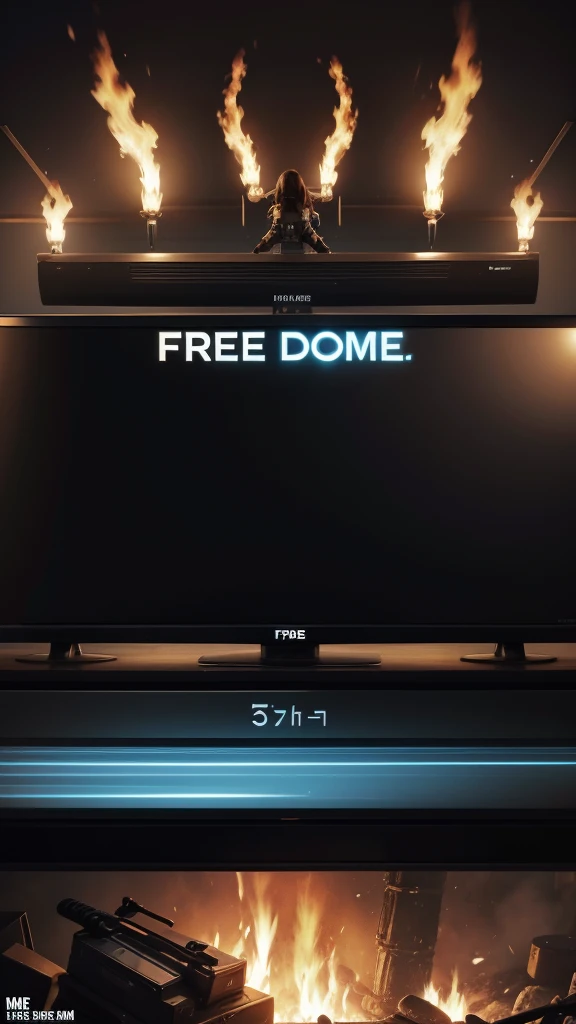 title at top "Free Fire" create me a banner for a game puts the title at the top and the character at the bottom, and a television in the middle. Screen height 1080 px x 1920 px.
