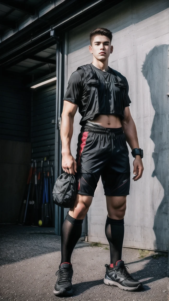 there is a man standing in front of a garage door with a baseball bag, wearing fitness gear, wearing black shorts, wearing adventuring gear, taken with canon 8 0 d, full body photogenic shot, full body length shot, wearing adventure gear, distant full body view, bag over the waist, wearing knee and elbow pads, full length view, full body view, long hair