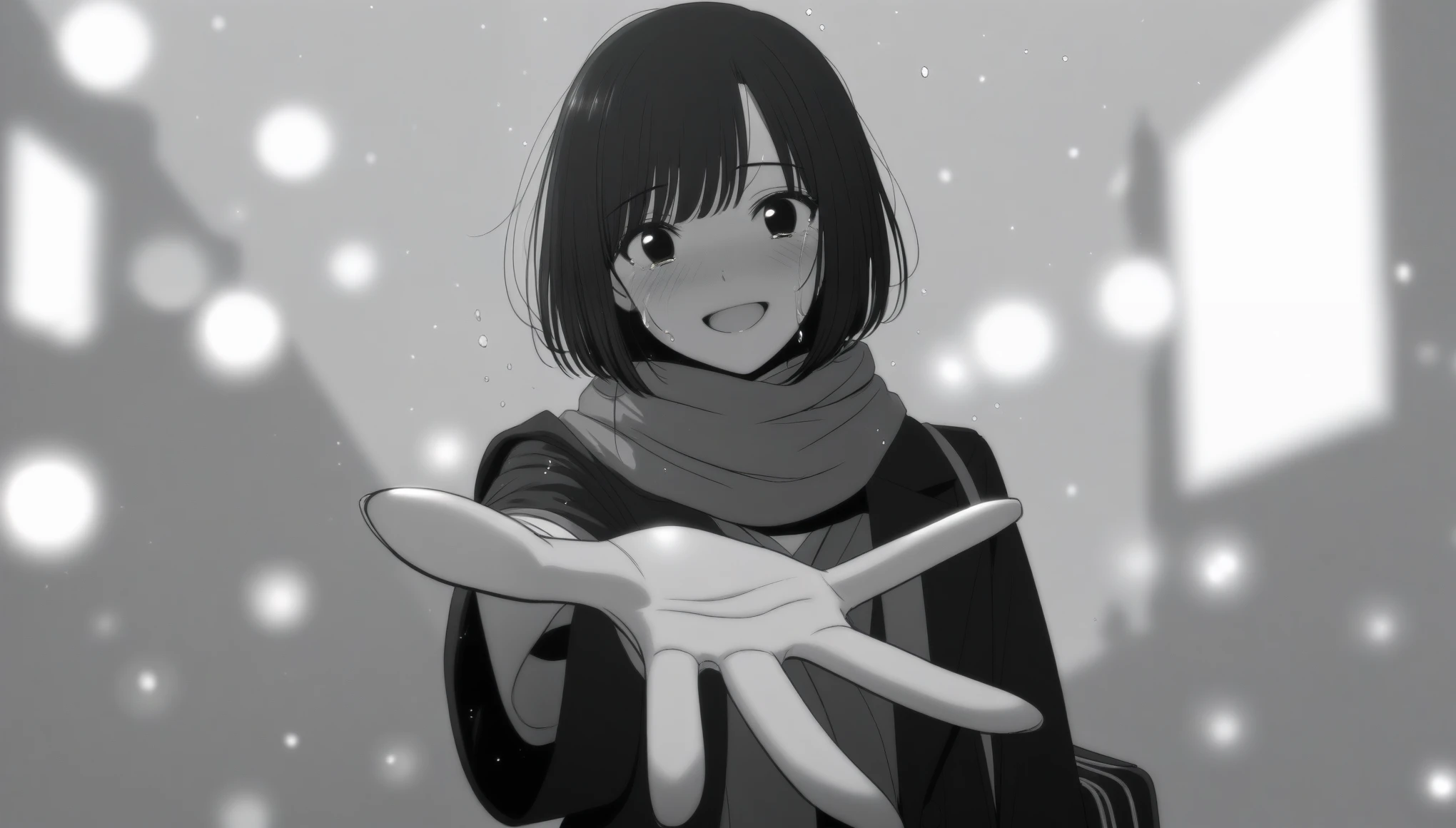 masterpiece, best quality, 1girl, mamerakkkkko, grayscale, manga style, japanese, chi no wadachi, black eyes, street, iced, black hair, schoolbag, smile, lineart, black coat, black scarf, black pleated skirt, leggins, centered, adult female:1.4, tall, fair skinned, bokeh background, crying, tears, tears streaming, bob cut, light particles, centered, snowing, (((reaching out left hand to viewer, perfect hand, detailed hand:1.1)), emotional anime scene