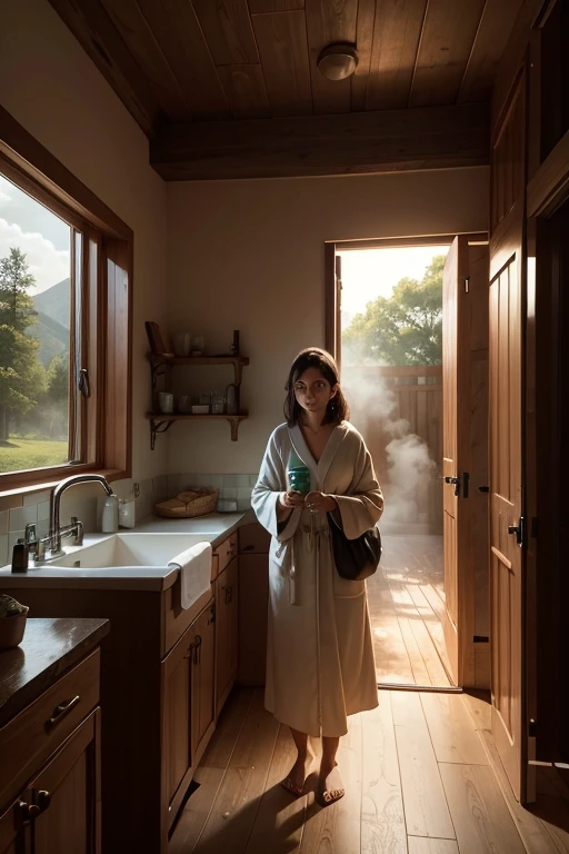 Draw a girl, who came out of the bathhouse after washing and stands in the clearing. She holds a jar of Agafya soap in her hand and is dressed in a robe. In the background you can see a bathhouse building with an open door from which steam is visible..