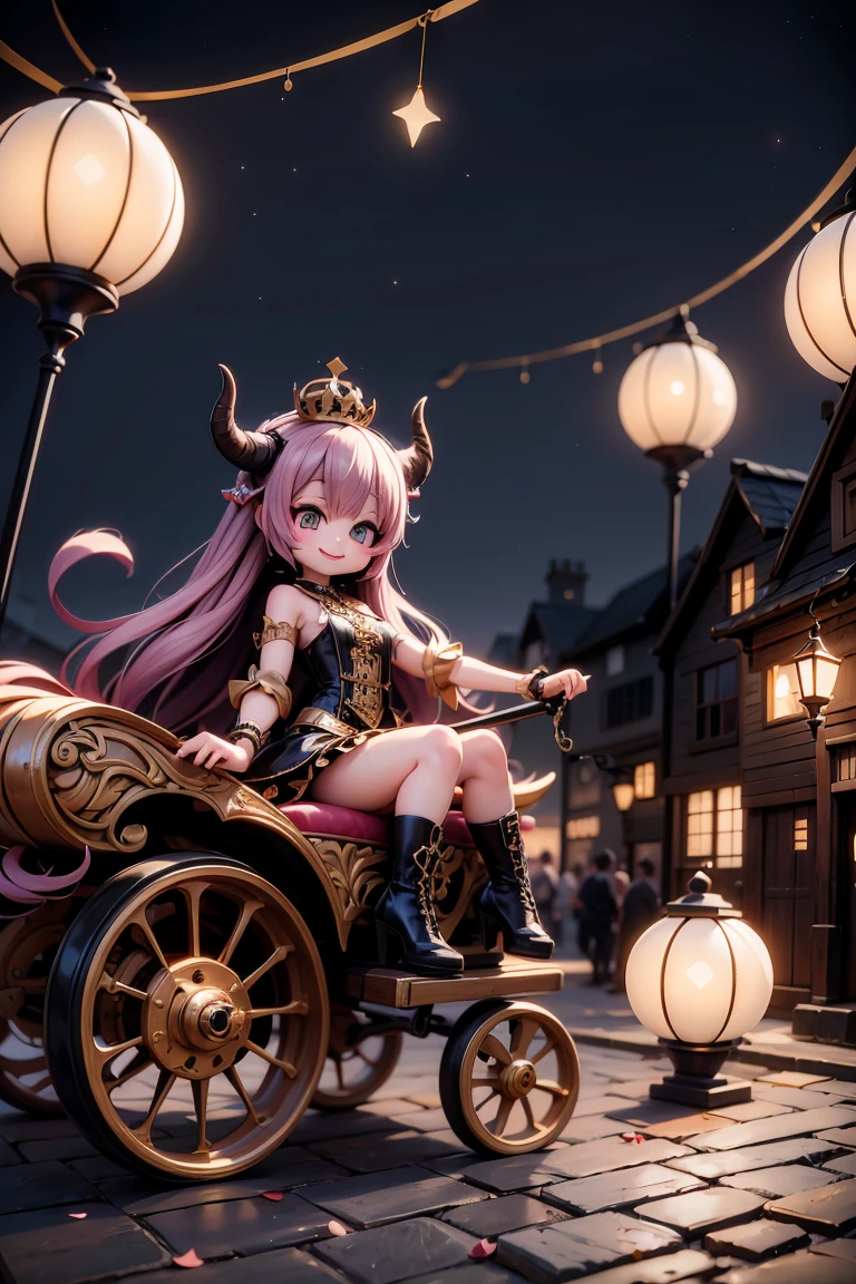 a cute horned demon queen smiling, wearing a queen crown, intrincate hairstyle, steampunk street at night illuminated by candles and lanterns, riding a steampunk carriage, having fun at night