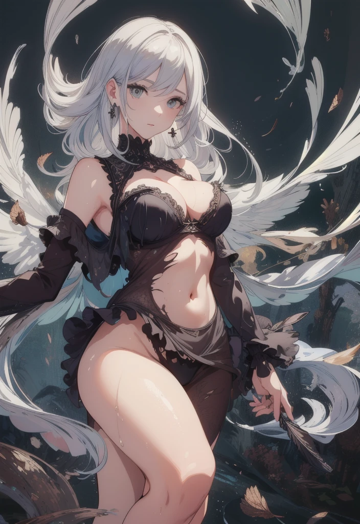 Monochrome art, ((highest quality)),(ultra high resolution),(Super detailed),(detailed description),((best CG)),(best work of art),super precision art,great drawing art,(Fashion art with precise details:1.5), (1 woman:1.7),(beautiful and well-shaped face:1.5),((slim fashion:1.3)),glamorous body:1.7,(earrings,へそearrings,tattoo):1.6, (from below:1.2), intricate dress, upper body, (Best quality, 8k, Masterpiece :1.3), (realistic, photorealistic: 1.37),  (Pretty woman in her 20s), (large breast), (emphasizing slender abs :1.3), (loose white lace shirt, tight lace shorts that accentuate her big buttocks), (crotch tattoo on belly button), transparent top clothing,(random pose), (wet body), (long hair, random hairstyle), (large breasts :1.3), (Ultra-detailed face), (desired temptation eyes), sexy pose-look,(Double eyelids), (eyeshadow intensifying), (many eyelashes), (long legs), (professional lighting), (photon mapping), (radiosity), raw photo:1.2, masterpiece, highest quality, 16k, unbelievably absurd, very detailed, perfect beauty, (double exposure vibrant colors silhouette:1.3), (layered vibrant colors silhouette:1.2), (beautiful feather wave, flowing dress, flowy golden long hair, (feathers:1.2), best image quality, masterpiece, super high resolution, (fidelity:1.4), movie, (torn clothes:1.5), (wet clothes:1.4), bare shoulders, wet hair, official art, unity 8k wallpaper, ultra detailed, beautiful and aesthetic, masterpiece, best quality,  (fractal art:1.3) , extremely detailed, dynamic angle, lace lingerie, underwear, elegant, a brutalist designed, no colour, romanticism, atmospheric, ecstasy of musical notes, streaming musical notes visible. (masterpiece, top quality, best official art, beautiful and aesthetic:1.2), (1 female:1.3), extremely detailed, (fractal art:1.1),(monochrome:1.1)(lace:1.3),highest detailed,(zentangle:1.2), (abstract background:1.3), (shiny skin), ultra-detailed, super detailed skin, extremely detailed, 8K, dynamic angle