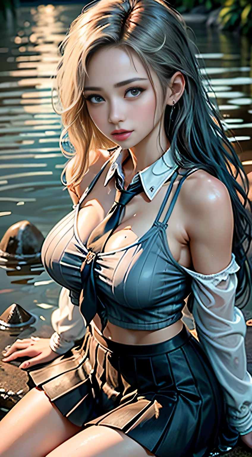 sfw, 18 yo woman in a is sitting in the water, long sleeves, cardigan, (tie), ((pleated skirt)), closeup water , beautiful maiden, wearing a skirt made of water, cleavage, realistic, dripping wet, in water up to her shoulders, beautiful realistic painting, nymph in the water, hyperrealist portrait in a river, hyperrealistic fantasy art, splashing, realistic fantasy painting, cute shot, narrow depth of field, 8k, ((drenched)), ((soaked)), (dripping water), dripping oil, heavy clothes, soaked , wet all over, rouge lipstick, wet dripping hair, blonde hair, wearing bra,((skinny waist)), young asian girl, ((big breasted)),