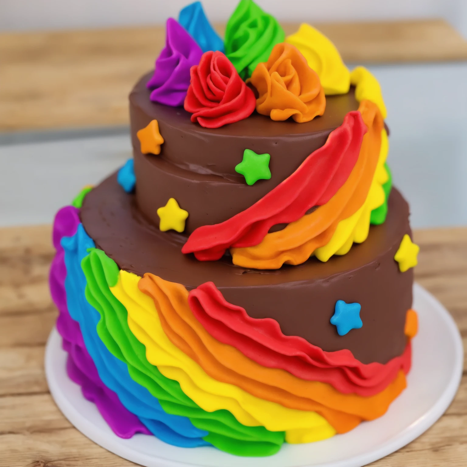 on a wooden table. there is a white plate. two-tier cake, chocolate cream cake, rainbow cream in the form of ruffles, decorated with rainbow stars made of polymer clay, multi-colored cream on top, against the background of the kitchen, Beautiful light from the window, contour light, Multiple light sources, beautiful lighting, Bright light source, bright lighting, beautiful light sources, Multiple light sources, Realistic style , realistic texture, detailed texture, A high resolution, high quality,